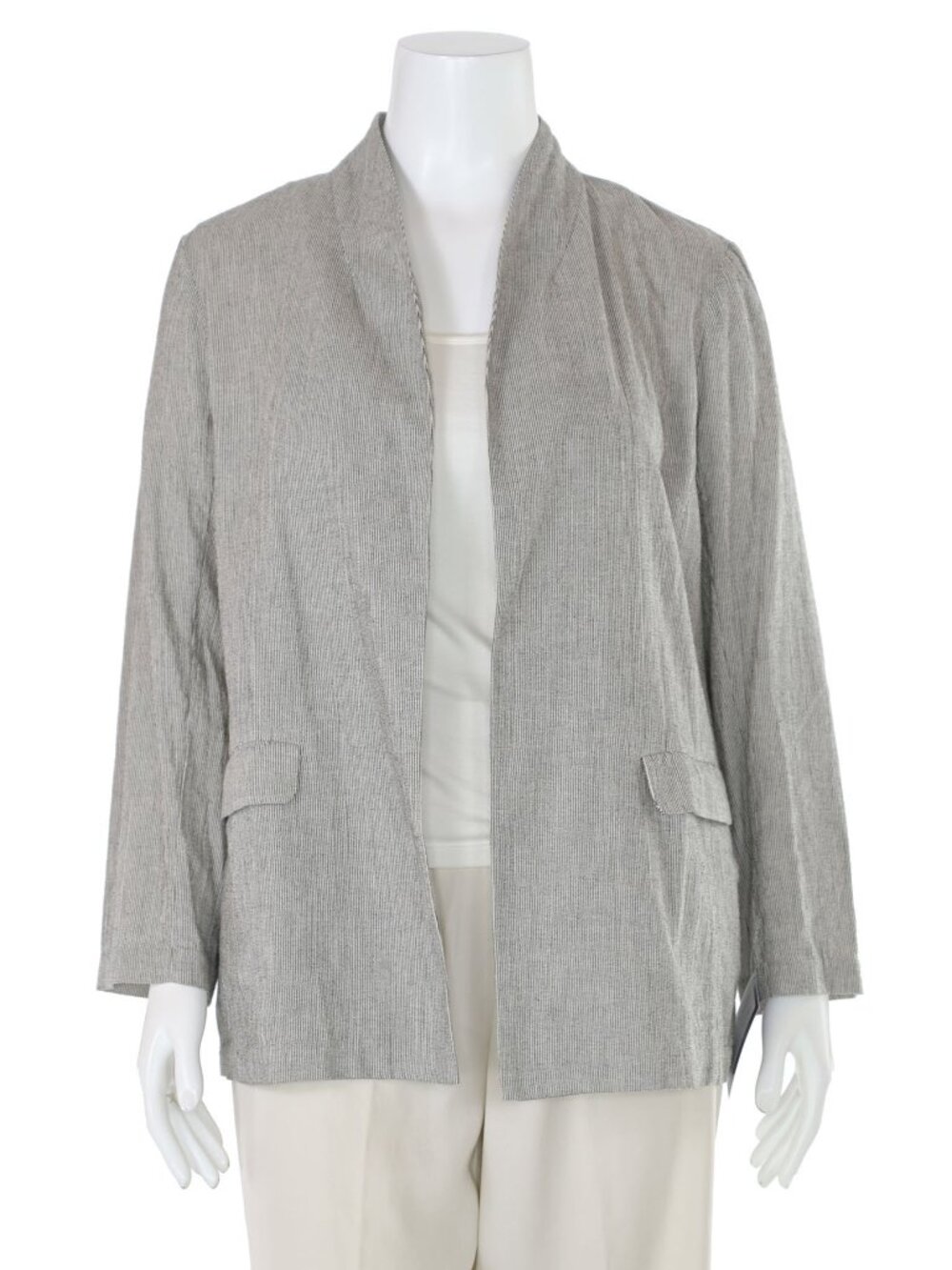 NWT Eileen Fisher $278 Black/Soft White Striped Cotton Blend Jacket sz L